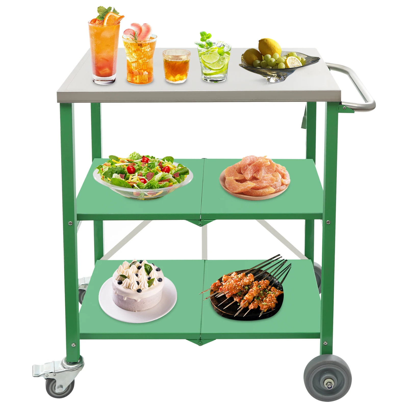 Carrito de Cocina Plegable de 3 Niveles para Exteriores, Carrito de Acero Inoxidable con Ruedas para Servir, Almacenar y Transportar