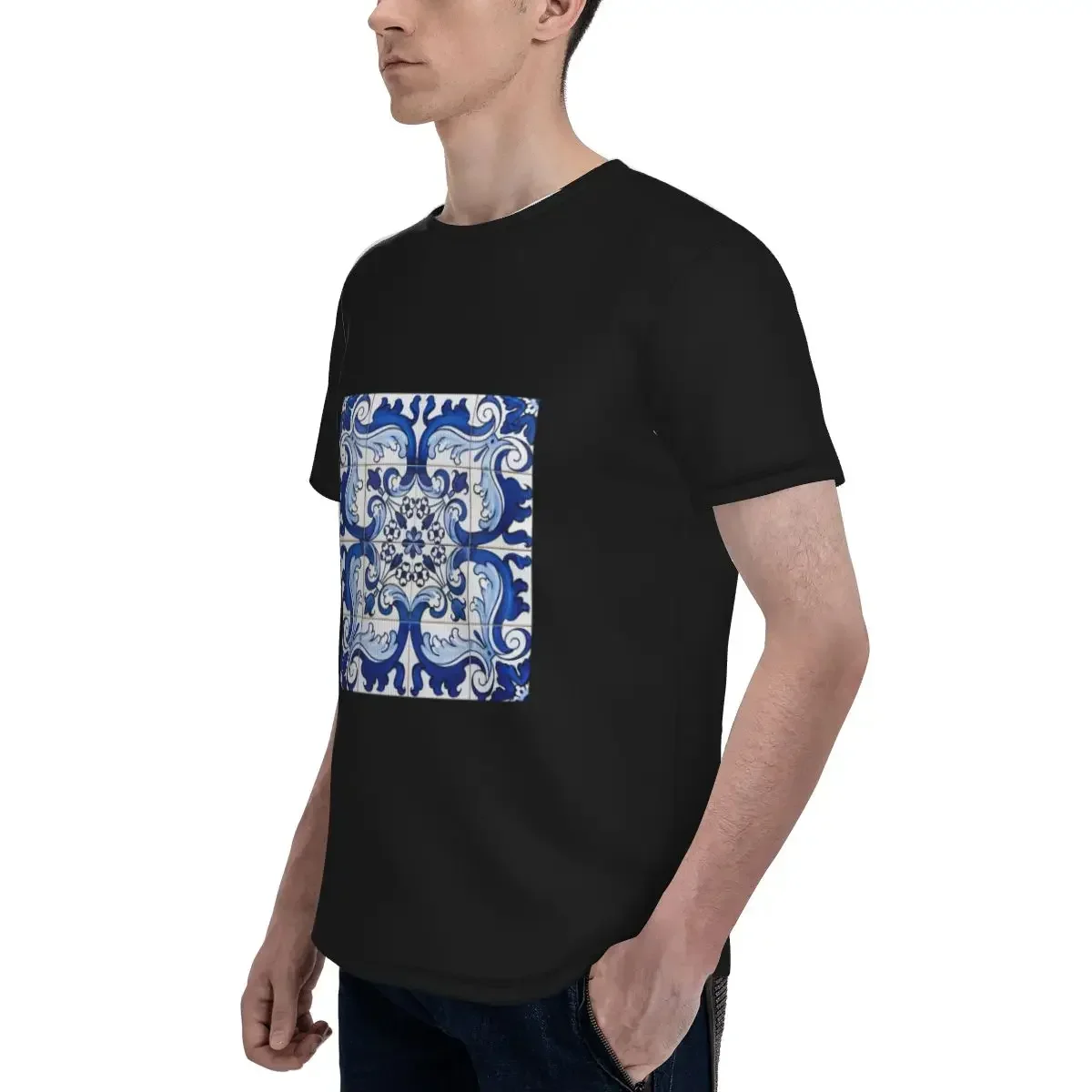 Antique Classic Lisbon Blue Azulejo Tile Floral Pattern polyester T-Shirt Men'sFashion T Shirts Men Round Neck Short Sleeve