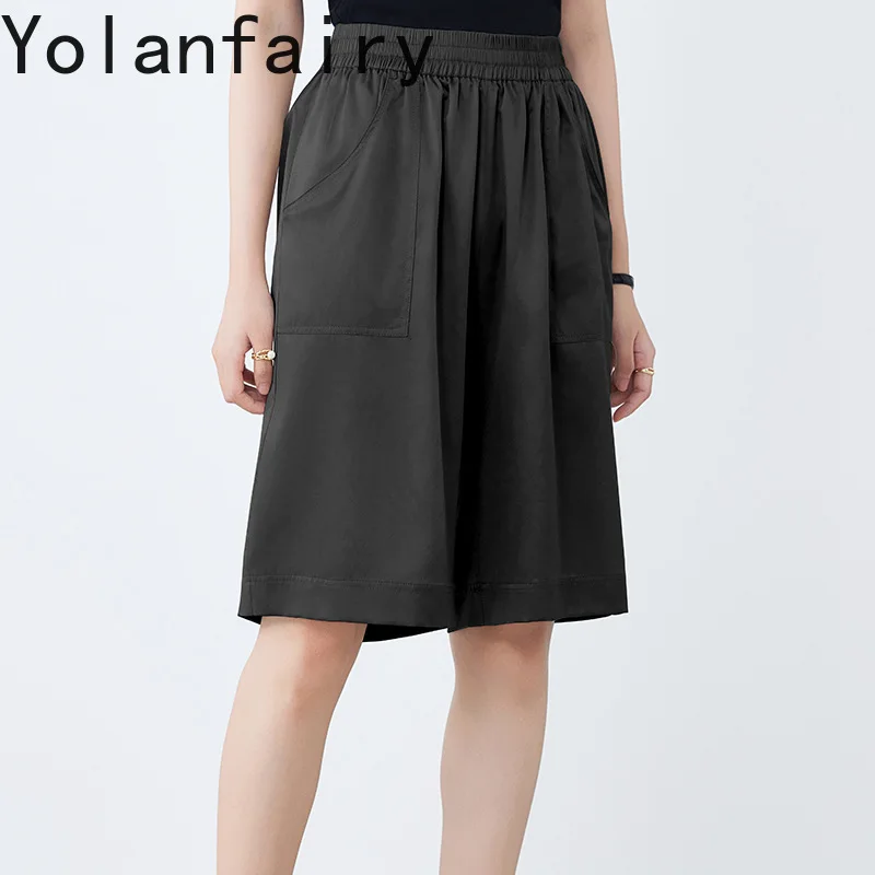 

YOLANFAIRY 95% натуральные шелковые брюки из тутового шелкопряда для женщин, летние, 2026, с высокой талией, черные, длиной до колена, повседневные, свободные брюки