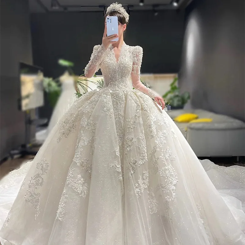 

Heavy Craft Bride 2025 New Main Ball Gown Texture Plus Size Pregnant Petite Fat MV Neck Long Sleeve Wedding Gowns Dress