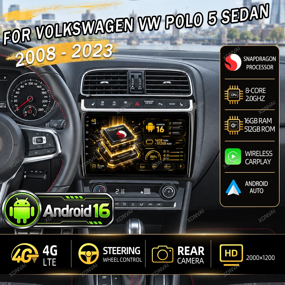 Android 16 Car Radio Multimedia For Volkswagen VW POLO 5 Sedan 2008 - 2023 Video Player Autoradio Carplay 4G LTE Audio Auto RDS