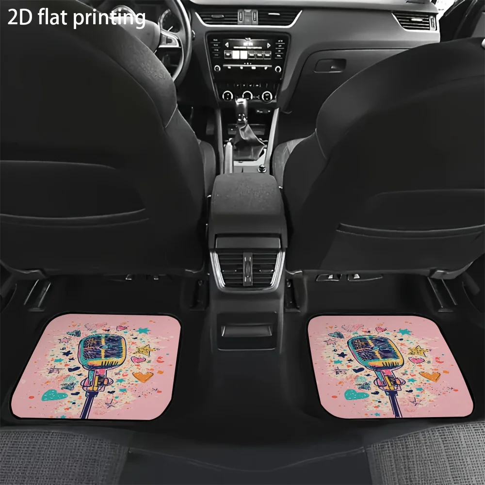4pcs Car Floor Mats, Featuring A Pink Background With Heart-Shaped Stars And Microphone Patterns, Made Of Polyester Fiber, Unive