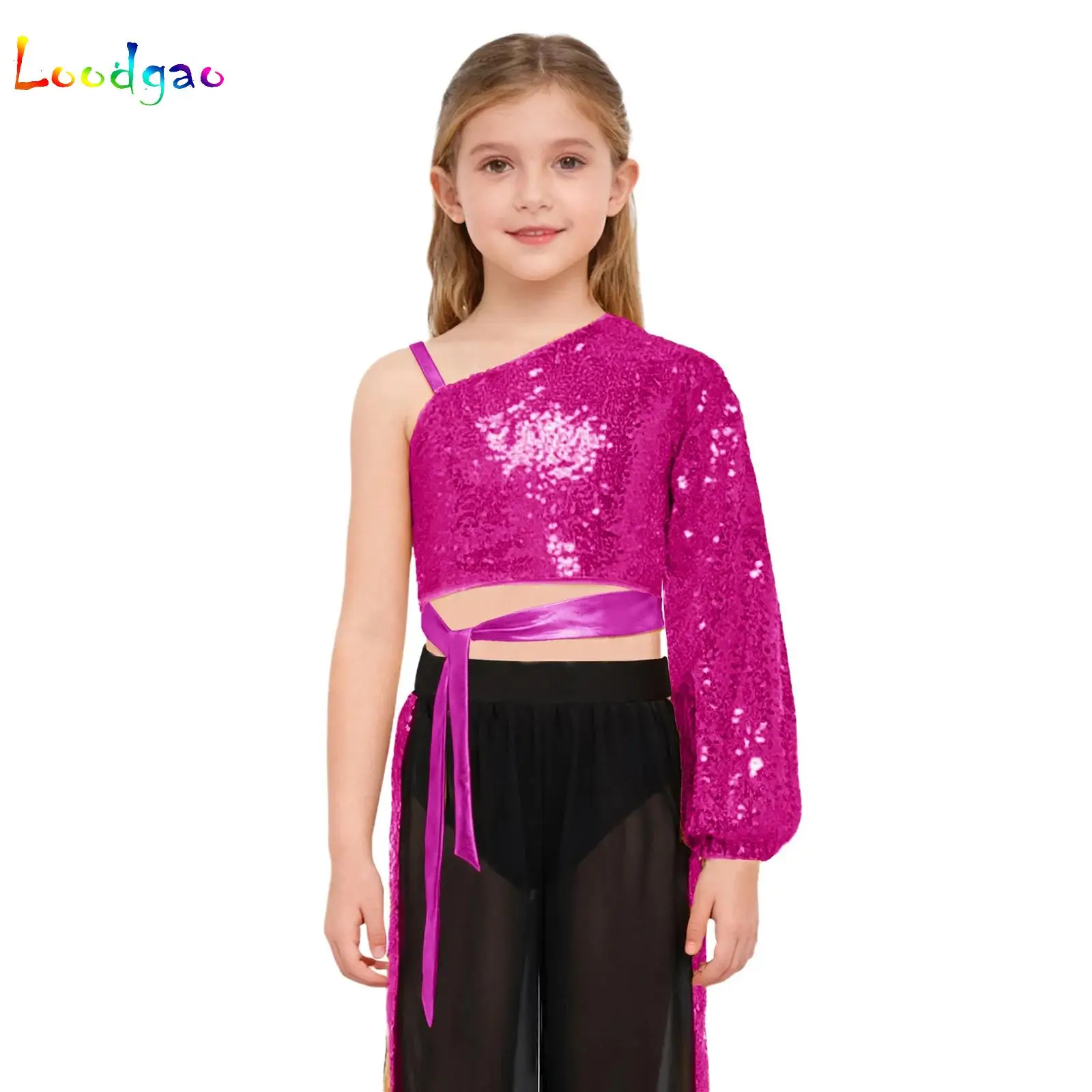 

Kids Girls Sparkly Sequin Dance Tops One Shoulder Long Sleeve Self-Tie Crop Top for Ballet Hip Hop Stage Performance Competition