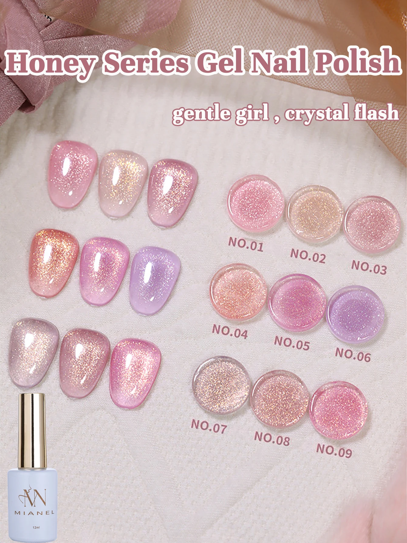 MIANEL 12ML Beauty Honey 9 Colors Gel Polish Series,Jelly Color Fairy Pearlescent Glitter Nail Polish Pink nails White Nails