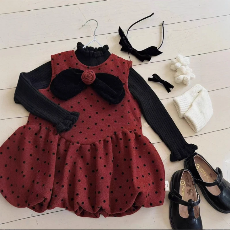 

2025 Winter New Children's Velvet Dot Lantern Vest Skirt and Undercoat Sweater Two Piece Set