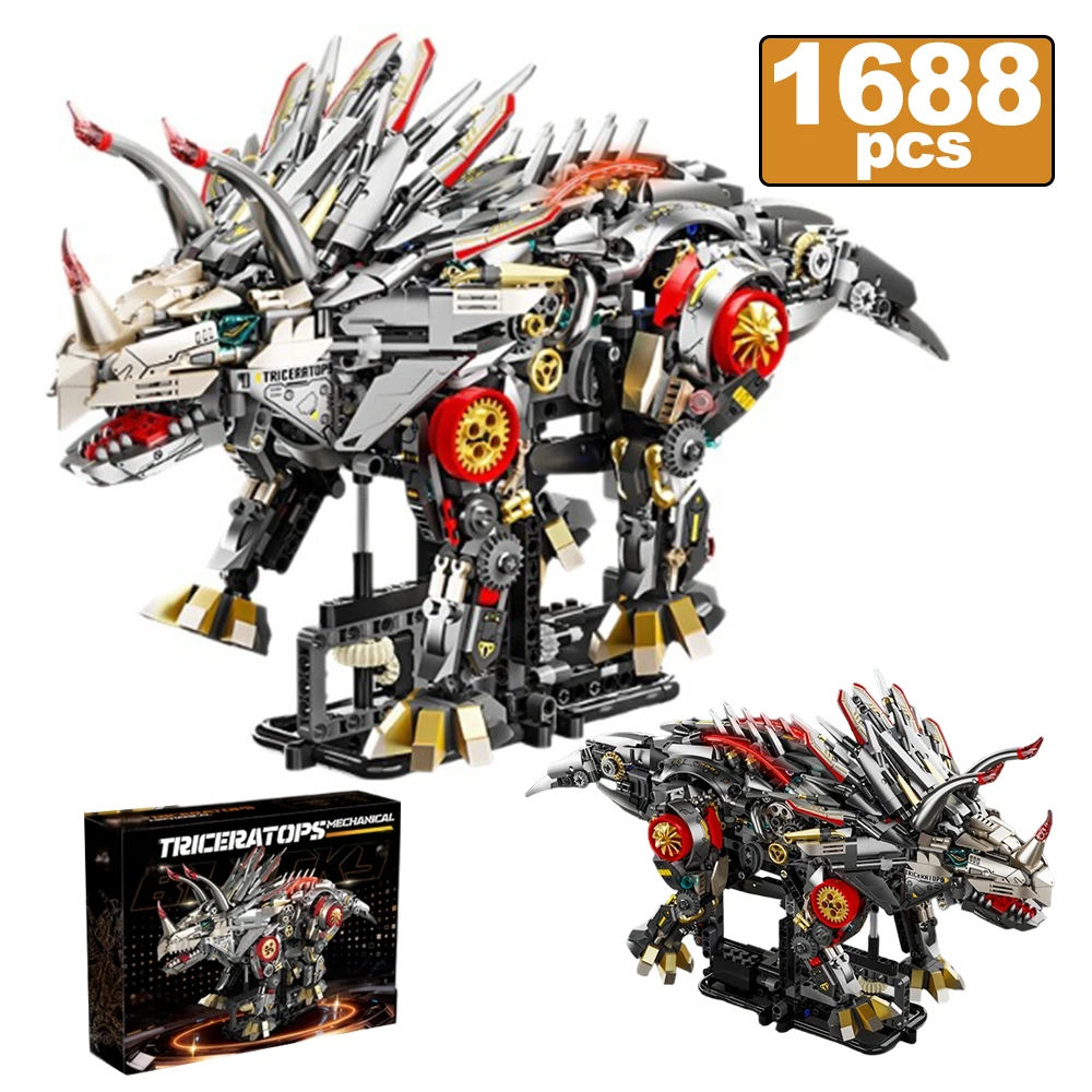

Technical Motorized Mechanical Triceratops Model Building Blocks MOC LED Jurassic Dinosaurs Park Bricks Toys for Kids DIY Gifts