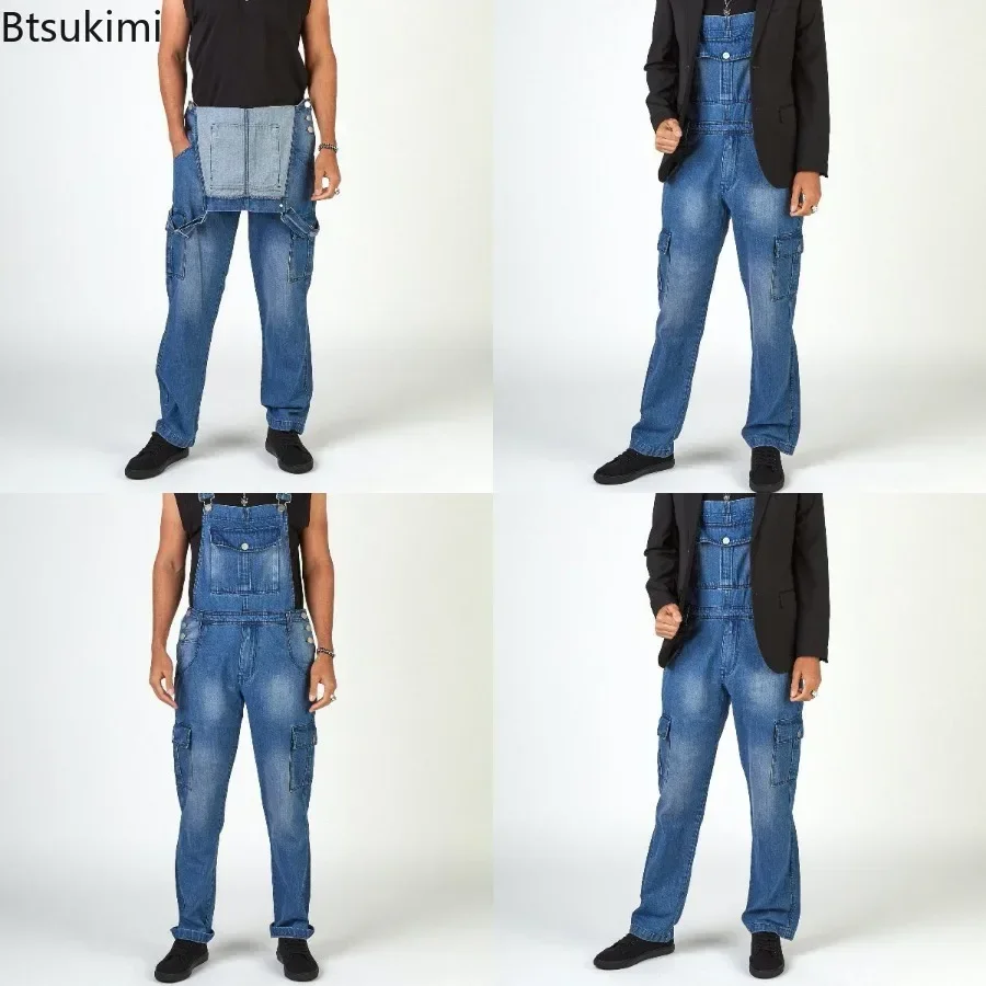 2025 Men's Denim Straps Long Pants Multiple Pockets Men Denim Bib Blue Cargo Pants Fashion Pocket Jumpsuits Casual Jeans for Men