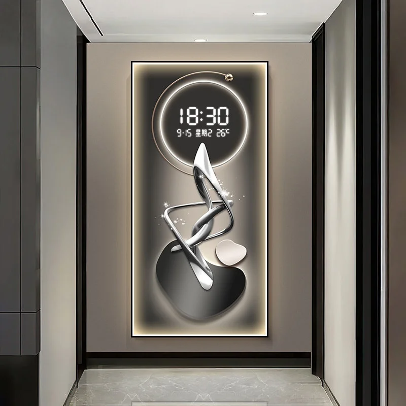 Modern Minimalist Luxury Entrance Decorative LED Light-Emitting Electronic Screen Clock Wall Art for Living Room Corridors
