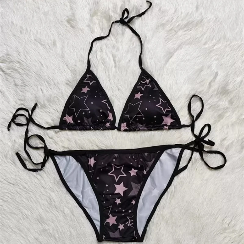 Summer Y2k Harajuku Sweet Flower Print Bikini Sets Women Vintage Spice Girls Swimwear Casual Fashion Beach Vacation Outfits New