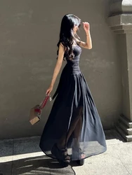 Women's Elegant Directional Design Dress 2024 Summer Solid Color Wide Shoulder Strap Patchwork Chiffon Shrink Pleated Dresses