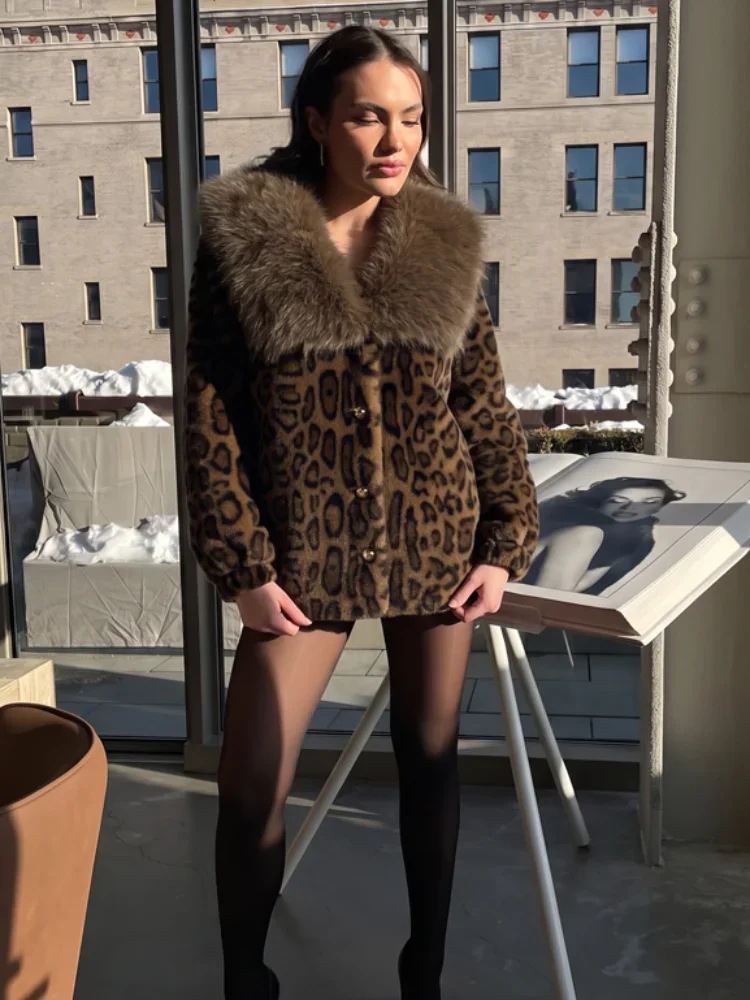 Women Leopard Print Faux Fur Jacket Button Down Long Sleeve Pockets Warm Coat Autumn Winter Party Daily Casual Streetwear Wear