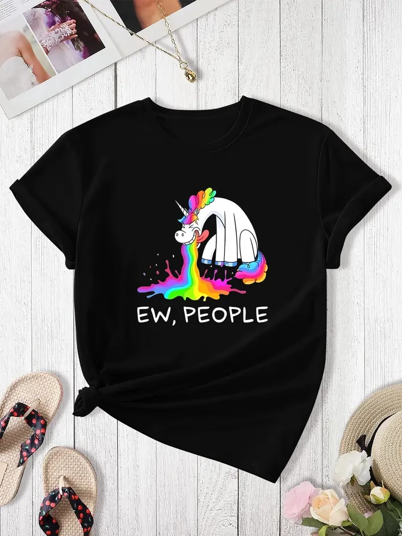 レディース プラス サイズ カジュアル スポーティ T シャツ、「Ew, People」レインボー プリント、コンフォート フィット半袖 T シャツ、ファッション通気性カジュアル トップ