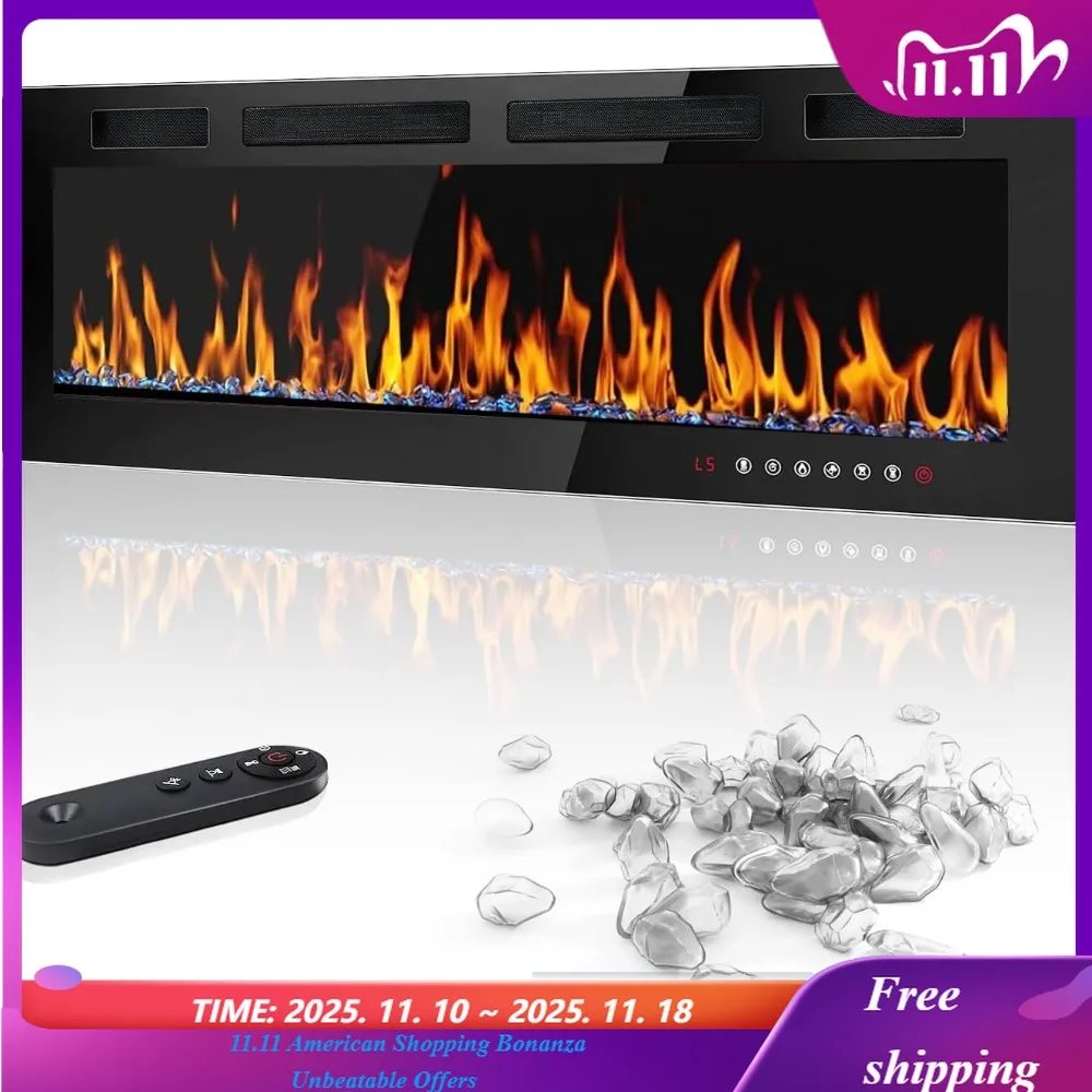 

50-дюймовый электрический камин, встраиваемый и настенный, нагреватель 750/1500 Вт и линейный камин с сенсорным экраном управления