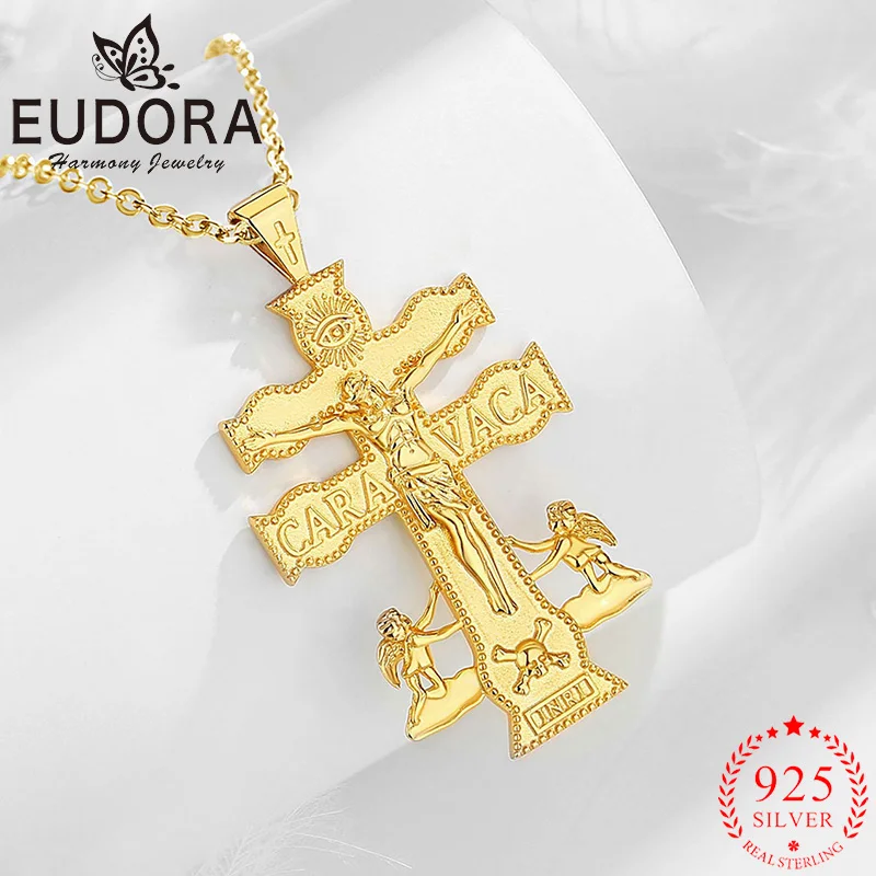 Eudora 925 Sterling Silver Caravaca Cross Jesus Necklace 18K Gold Cross Cherub Skull Pendant Christian Amulet Men Women Jewelry