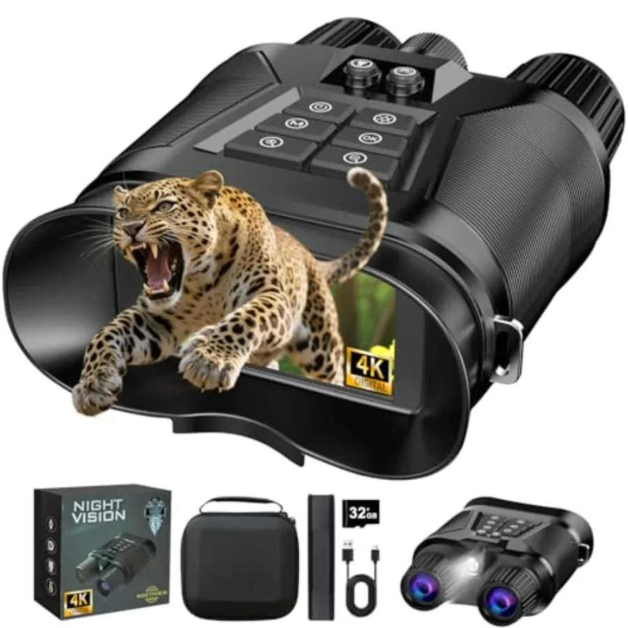 

Night Vision Goggles for Hunting, Wildlife Observation, Security 4K Binoculars with 3 HD Screen, 5000mAh Battery, 32GB Card, Bl