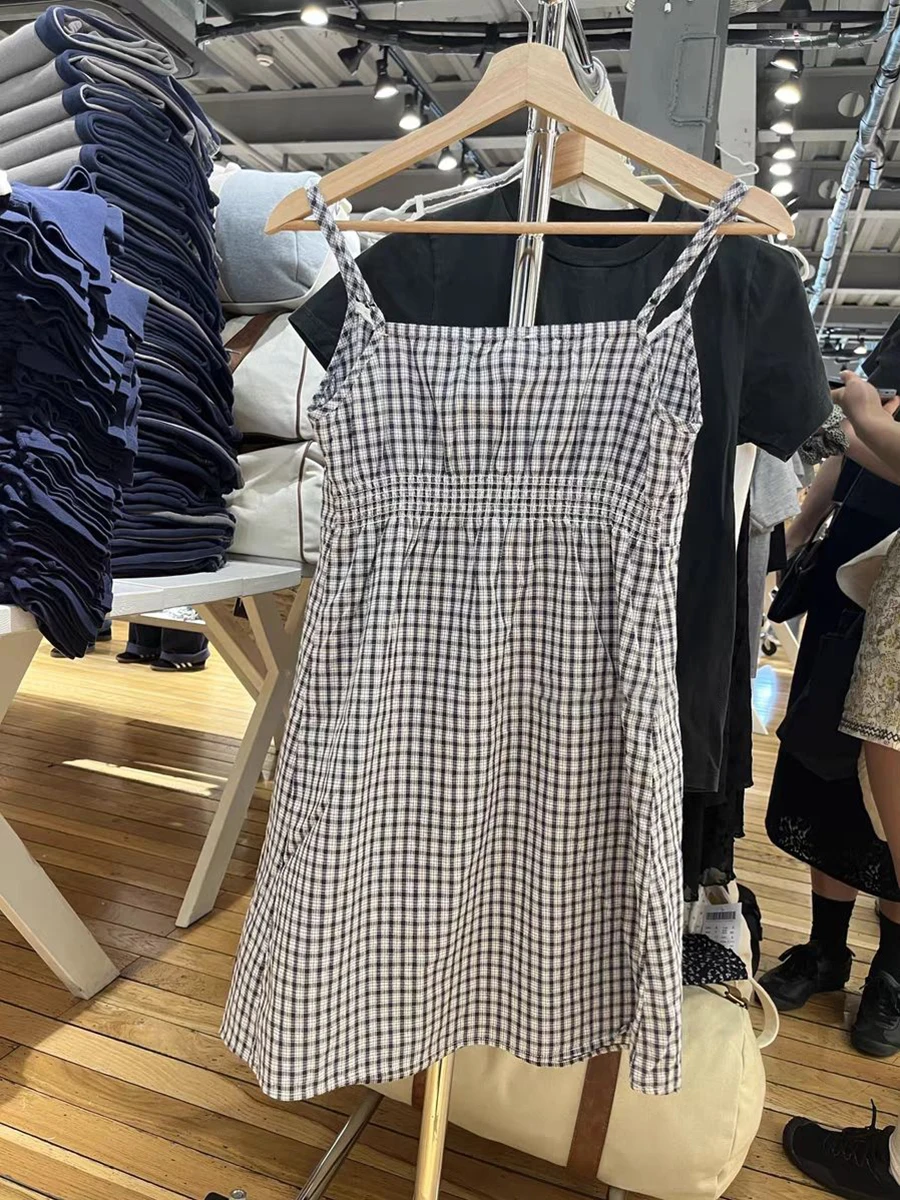 빈티지 해군 격자 무늬 미니 Camis 드레스 여자 여름 레이스 트림 버튼 v-목 탄성 허리 a 라인 짧은 Vestido 코튼 스위트 드레스