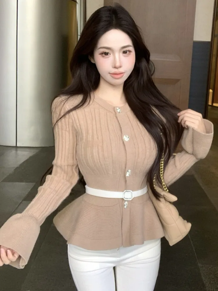 

Slim Fit Knitted Sweater with Belt And Lace Trim Korean Style Commute Fashion plus Size Inner Wear for Young Women