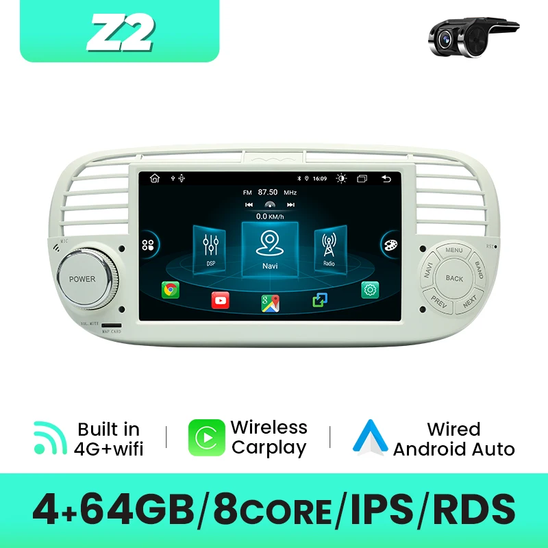 2Din Android Autoradio Voor FIAT 500 2007-2015 - GPS Navigatie 4G Wifi Draadloze CarPlay Android Auto Plug & Play