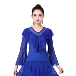 Women's Long-Sleeved Dance Top Noble Ruffled Solid Color Diamond Polished Lace V-Neck Latin Ballroom Dress
