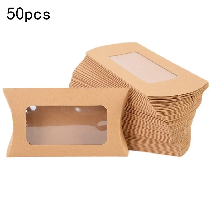 50pcs Pillow Shape Cookie Candy Box Kraft Paper Gift Packaging Boxes Birthday Party Supplies