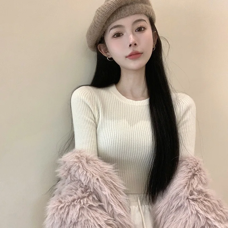 Women\'s Sweater Base Sweater Versatile Round Neck Knit Sweater Slim Fitting Short Top Sweater