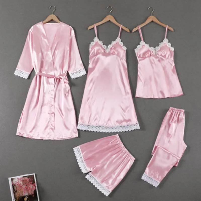 5 Piece Set Pajamas With Chest Cushion Women Autumn Summer Pajamas Ice Silk Sexy Lingеrie Set Pijama Skirt Sleepwear Clothes New