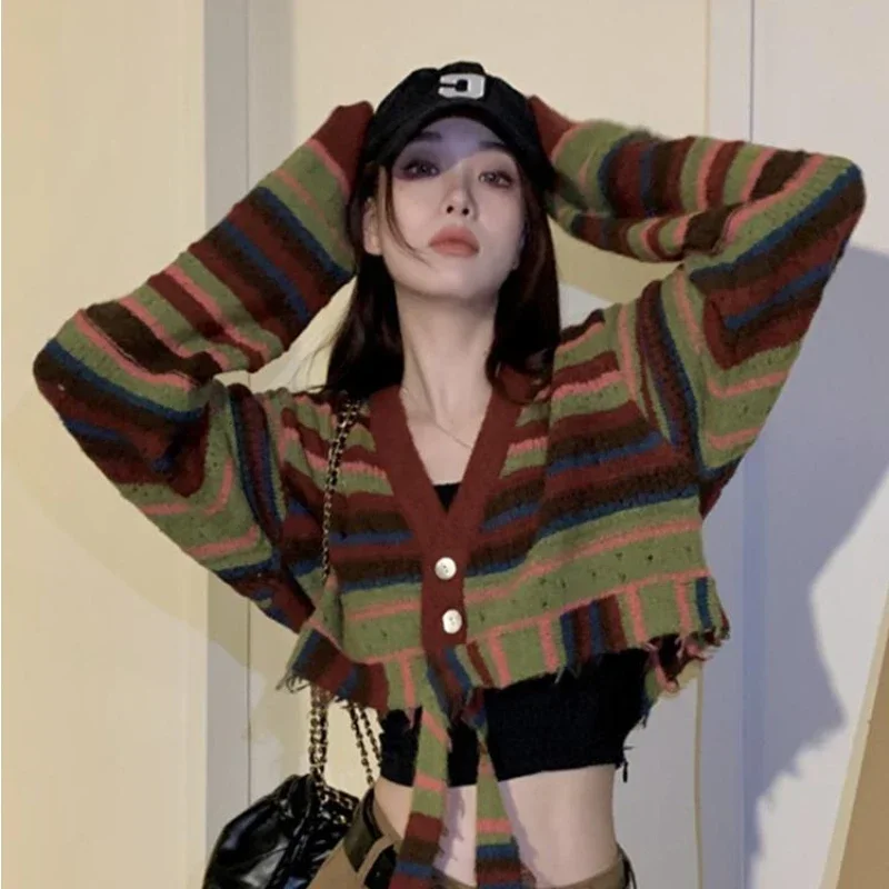 Women Cardigan Vintage Chic Color Collision Striped Tie Knit Cardigan Spring and Autumn Short V-neck Sweater Cardigan Female