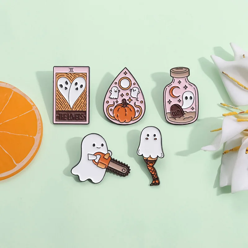 Halloween themed enamel pin Card Ouija Board Message in a Bottle White Ghost Cute Brooch Backpack Accessories Metal Badge Gift