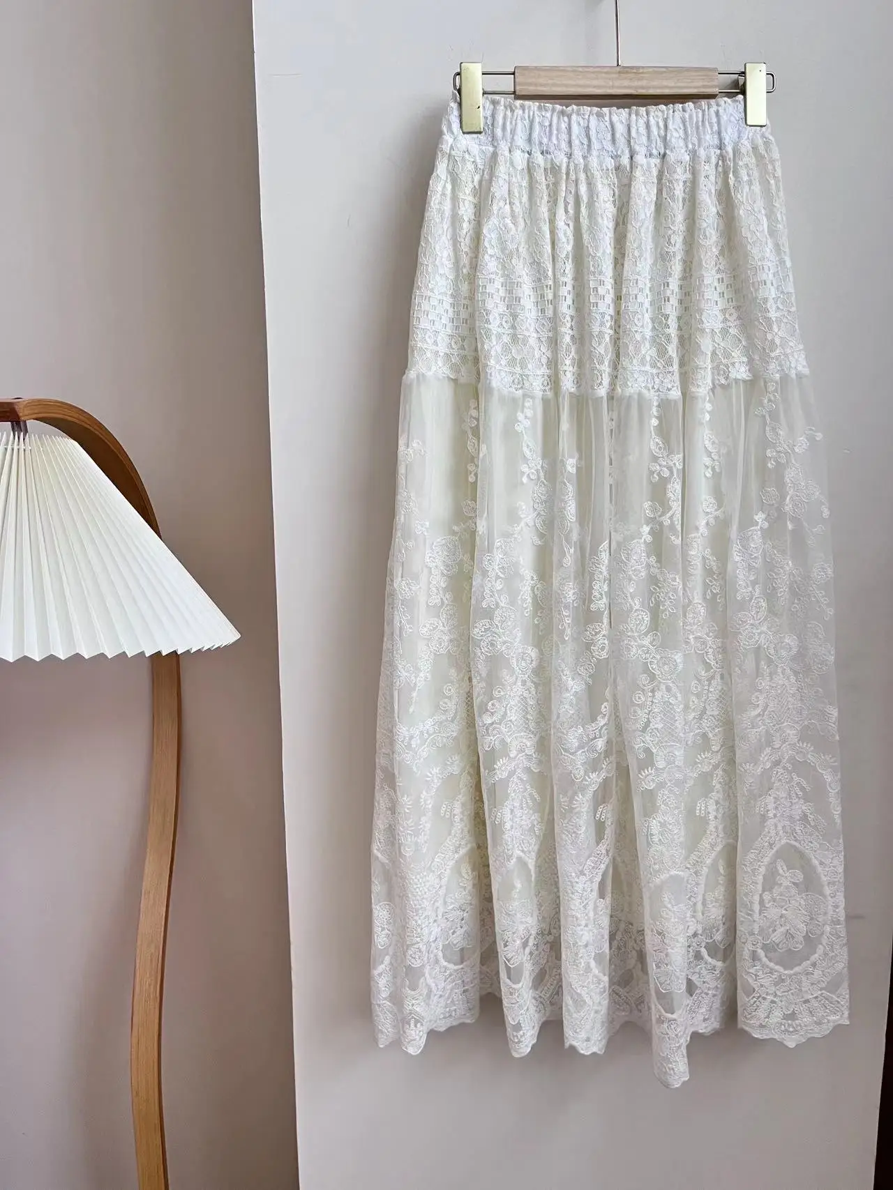 Vintage Elegant White Lace A-line High-waisted Skirt