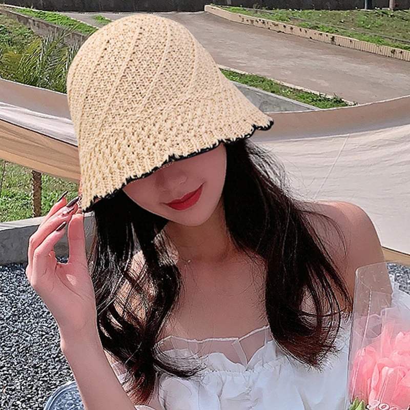 

Hollow Out Bucket Hat for Women Summer Summer Straw Woven Sun Visor Hat Striped Beach Hat Outdoor Foldable Solid Color Basin Cap