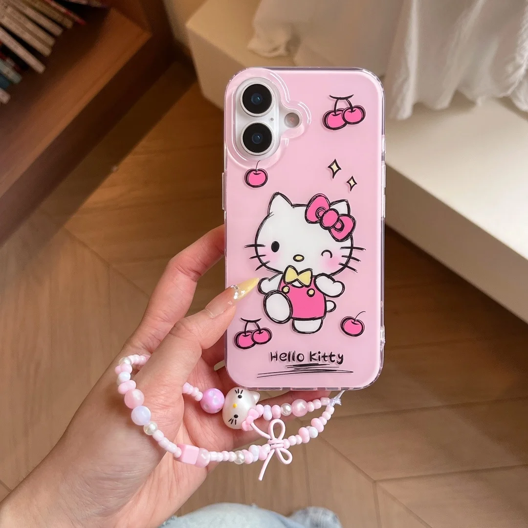 

Pink cherry Hello Kitty Cat Lovely Bow Bracelet Phone Case For iPhone 16 15 14 13 12 Pro Max double-layer Silicone Cover﻿