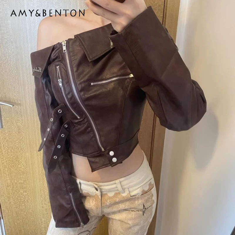 Punk Black Short Off-Shoulder Leather Women's Jacket Original Autumn New Sweet Cool Sexy Zipper Locomotive Lace-Up Coat Ladies