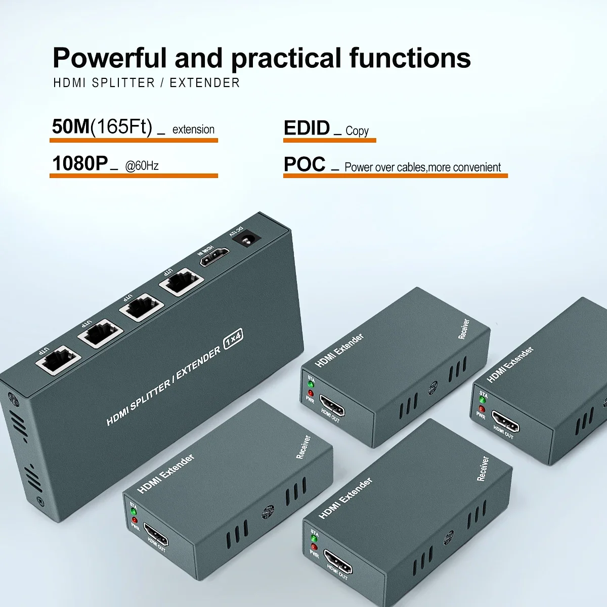 

1x4 HDMI Extender Splitter 1080p Over Cat5e/Cat6 Ethernet Cable with Loopout - Up to 50m/165ft - EDID Management 1920*1080@60Hz