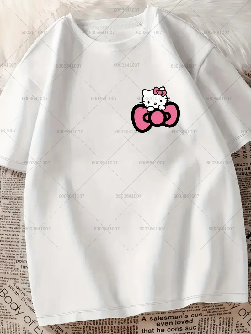 산리오 헬로 키티 안경 티셔츠 여성 남성 코튼 오넥 티 커플 오버사이즈 캐주얼 선물 여름 반팔 트렌디 패밀리