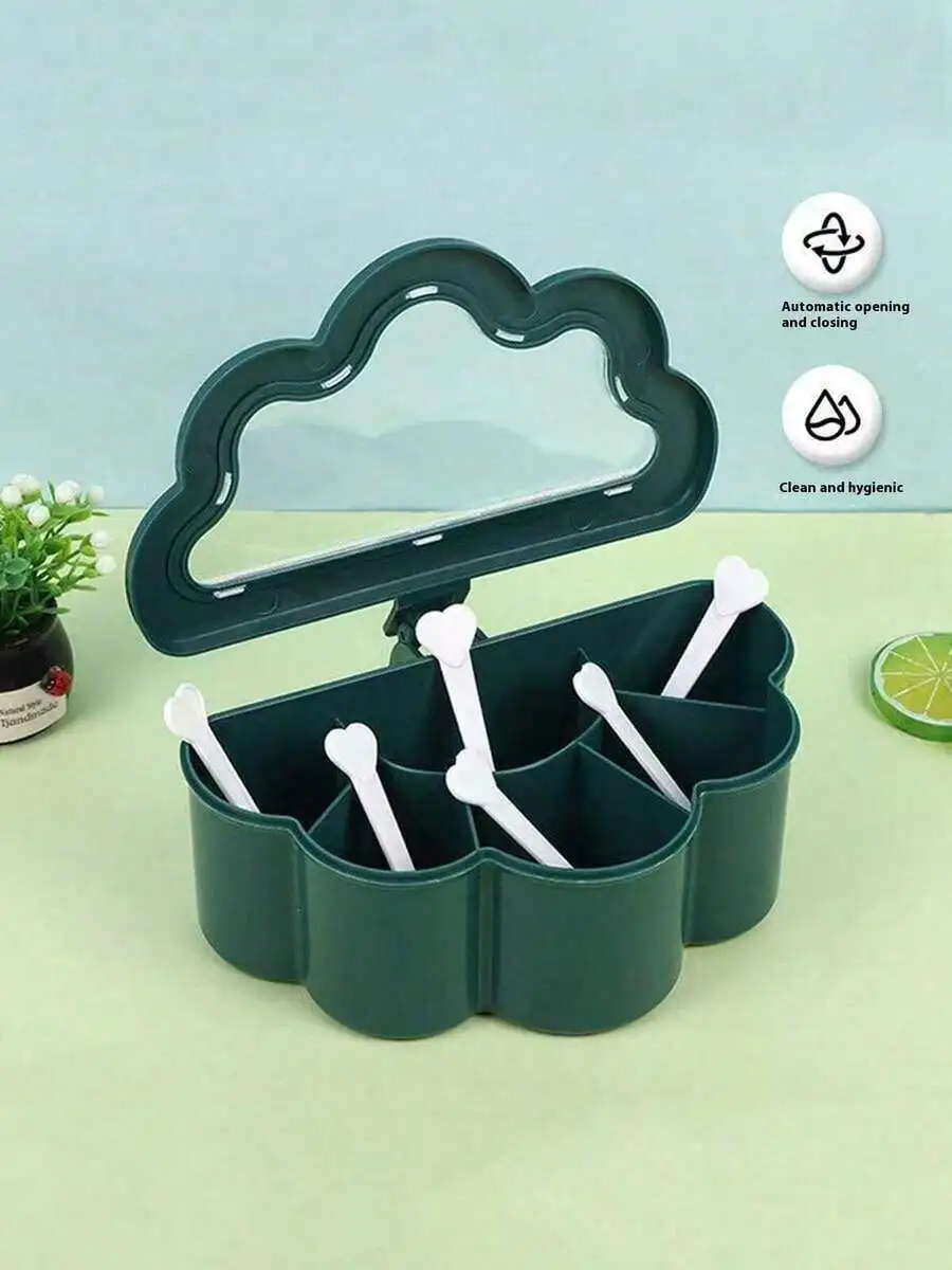 

Nordic Green Cloud Six-Compartment Spice Box, Featuring An Overall Cloud Shape And A Fresh Nordic Green Color Scheme. It Comes With A Flip Lid And Six Independent Compartments, Each Equipped With A Small White Spoon For Easy Access.