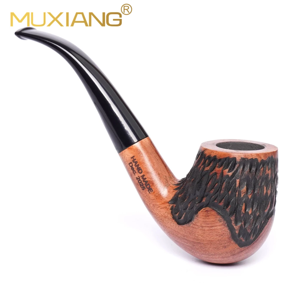 MUXIANG Handmade Rosewood Pipe Retro Carved Texture Curved Stem 9mm Filter Premium Solid Wood Tobacco Pipe For Men