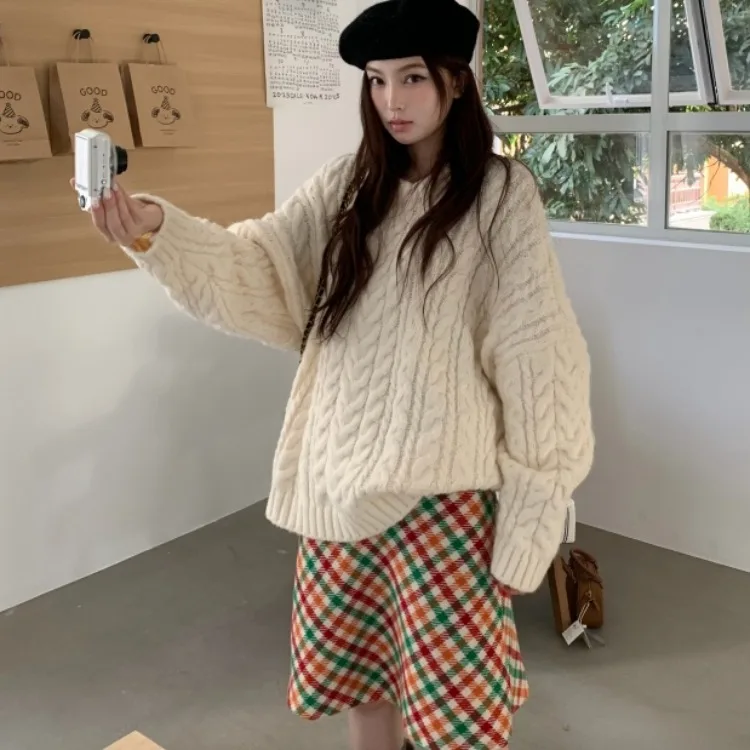 

Women's Chic Loose Knit Sweater Autumn Winter Vintage Lazy Sle Thiened Woolen Twist Head over Body Top Quali Texture