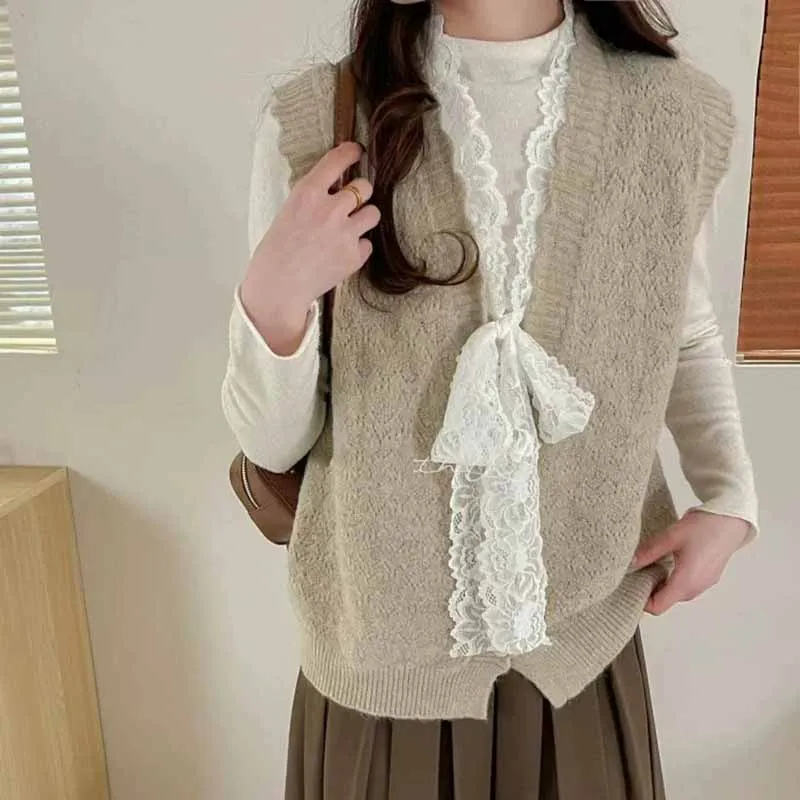 Sweet Lace Bow Sweater Waistcoat Women Casual Versatile Cardigan Sleeveless Knitted Vest Female Trendy Design V-Neck Knitwear