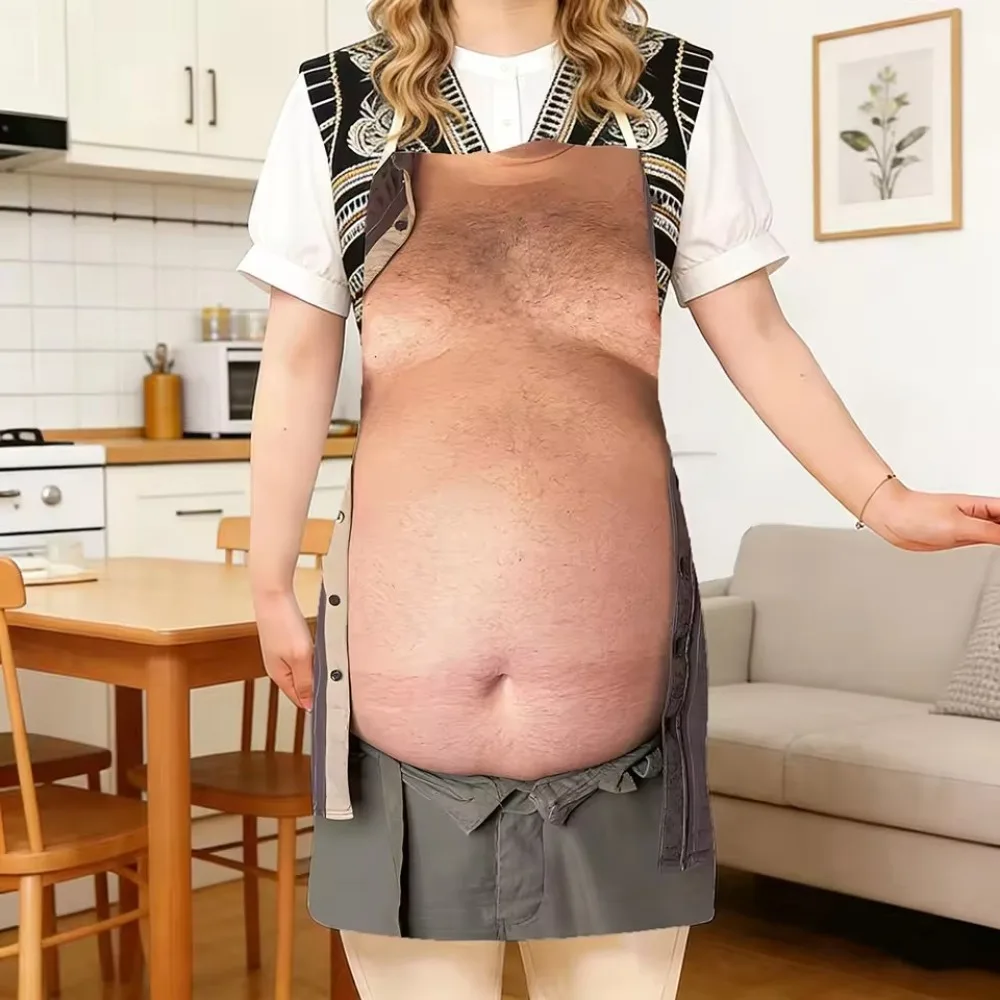 Hilarious Fake Beer Belly Printed Men's Kitchen Stain-Resistant Apron Polyester Material Suitable for Barbecue and Party Unisex