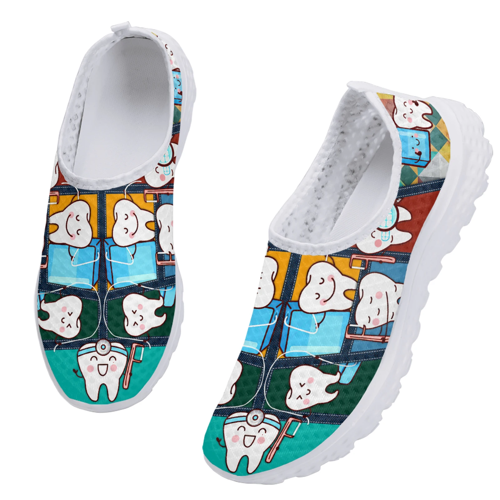 Funny Cartoon Teeth Print Women Summer Mesh Shoes White Soft Sole Brand Slip On Casual Sneakers Zapatos Planos