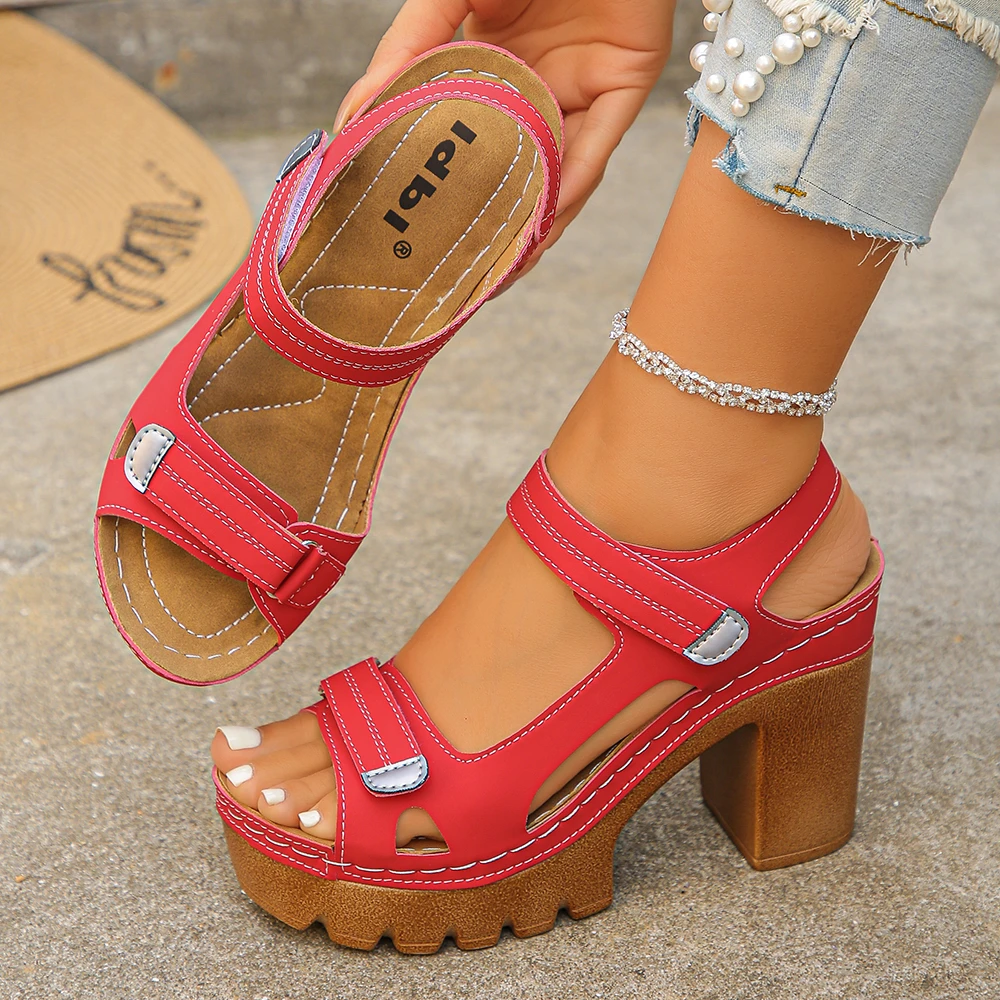 Summer New Plus Size 43 Women'S Sandals Woman Solid Color High Heel Shoes Thick Heel Open Toe Female Sandals Fashion Sandal view 4
