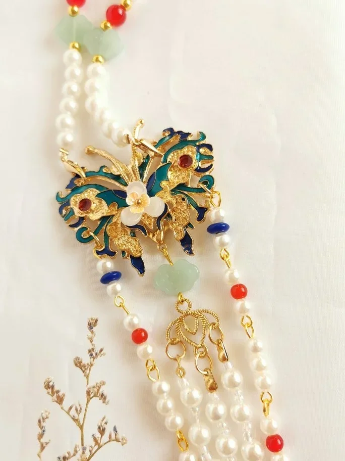 Collar de Borla larga Azul Quemado Yahoo Chino, Kostenlose Lieferung, Perla de Imitación, Nube trasera, Mariposa, Accessoires Hanfu