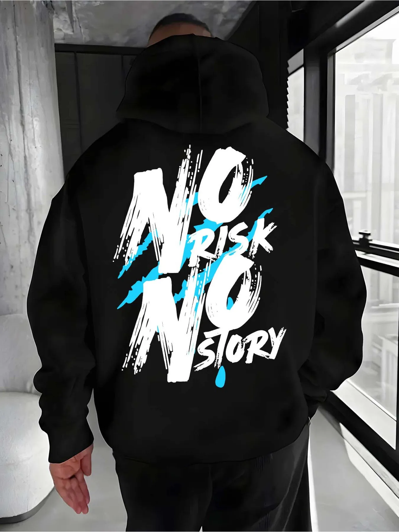 

Men's "No Risk No Story" Graphic Hooded Sweatshirt -with Flame Lettering, Loose Fit Sporty Casual Hoodie for Gym