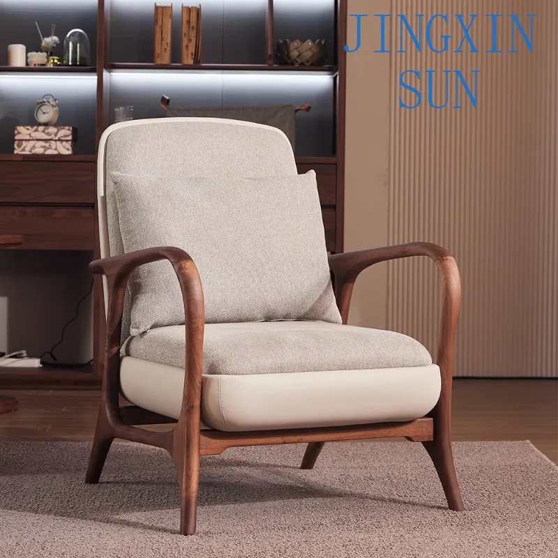 North  black walnut solid wood leisure chair, cotton and linen home living room modern simple high backrest single sofa chair