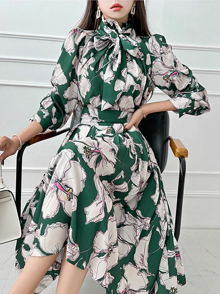 

2024 New Autumn New 2-Piece Sets Lace-Up Bow Prints Top +Fashion Hemline A-Line Skirt Korean Office Casual Women Suit Skirt