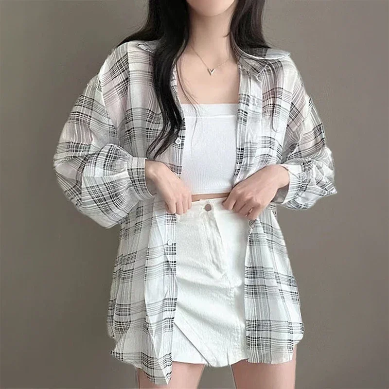 

Plaid Button Up Shirt for Women Lightweight Ovesized Sheer Tartant Blouse Teen-girl Boyfriend Style Summer Breezy Casual Outfit