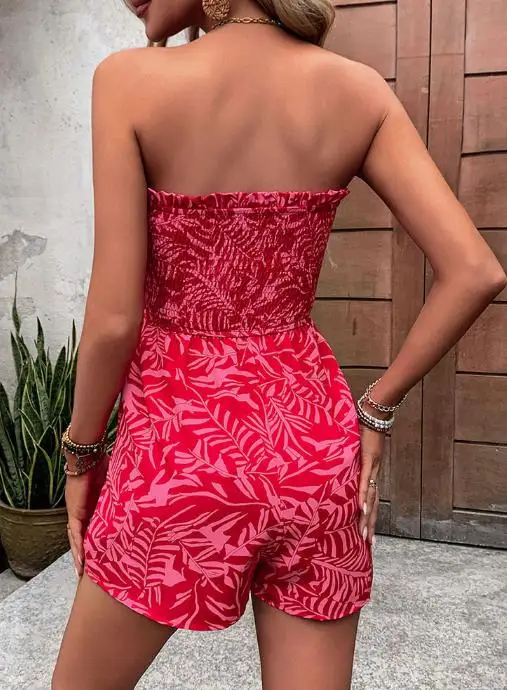 New Vacation Jumpsuit Shorts with Summer Drawstring Print and Sleeveless Strapless Jumpsuit