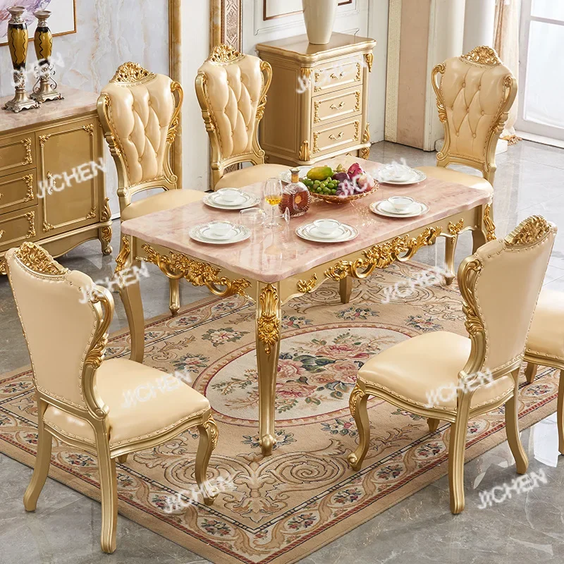 

XJC Restaurant Dining Table And Chair Combination Luxury Carved Marble Surface Luxury Champagne Gold Square Table Dining Table