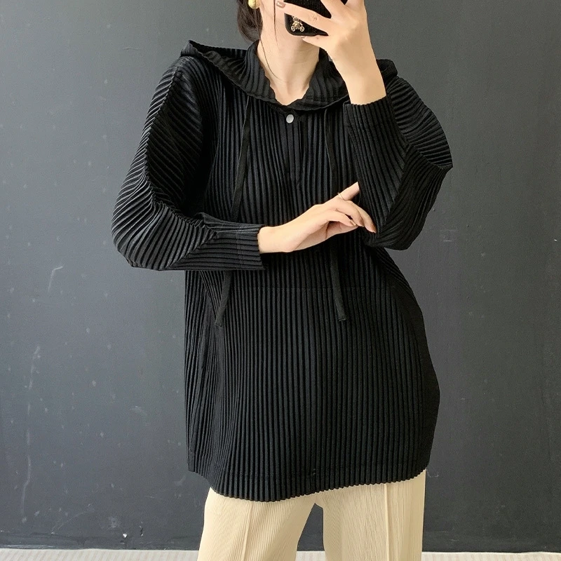 2026 Chic New Women Clothing Pleated Thick Material Hooded Women's Sweatshirt Loose Casual Versatile Pullover Female Top Coat