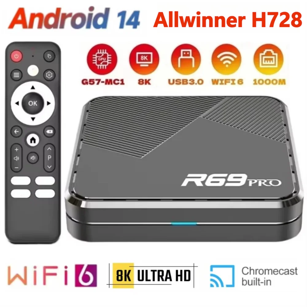 R69 PRO Ultra HD 8K Set Top Box Android 14 Allwinner H728 WiFi 6 1000M LAN Bluetooth 5.0 Odtwarzacz multimedialny do kina domowego Smart TV Box